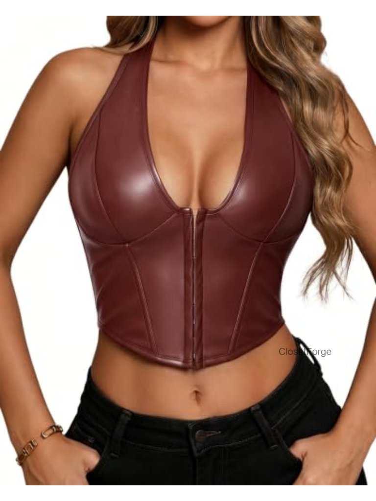 Pu Leather Halter Top Y2k Deep V Neck Bustier Corset Crop Backless Cami Party